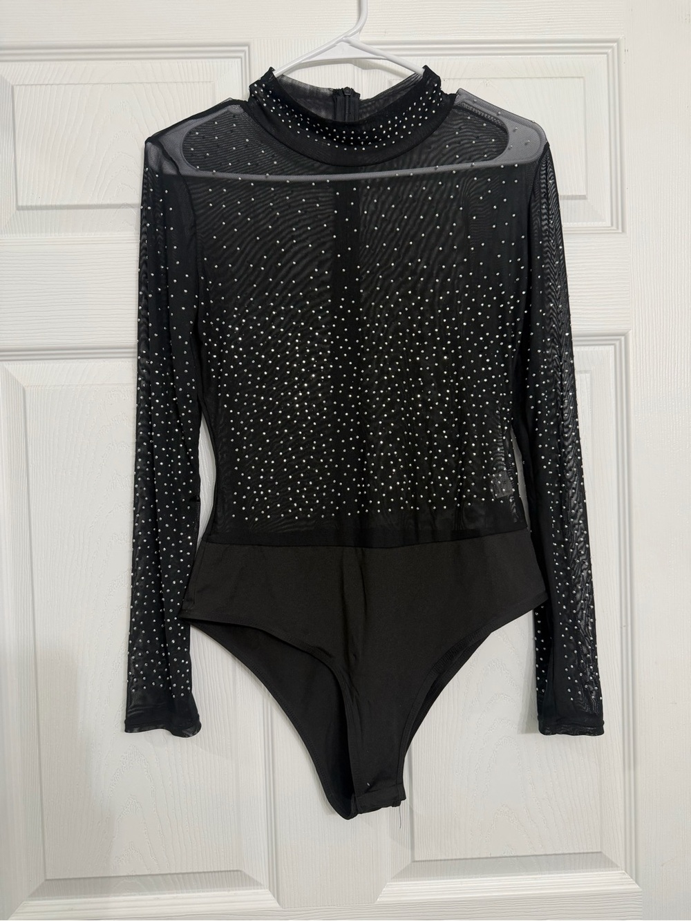 Black Rhinestone Mesh Long-Sleeve Bodysuit